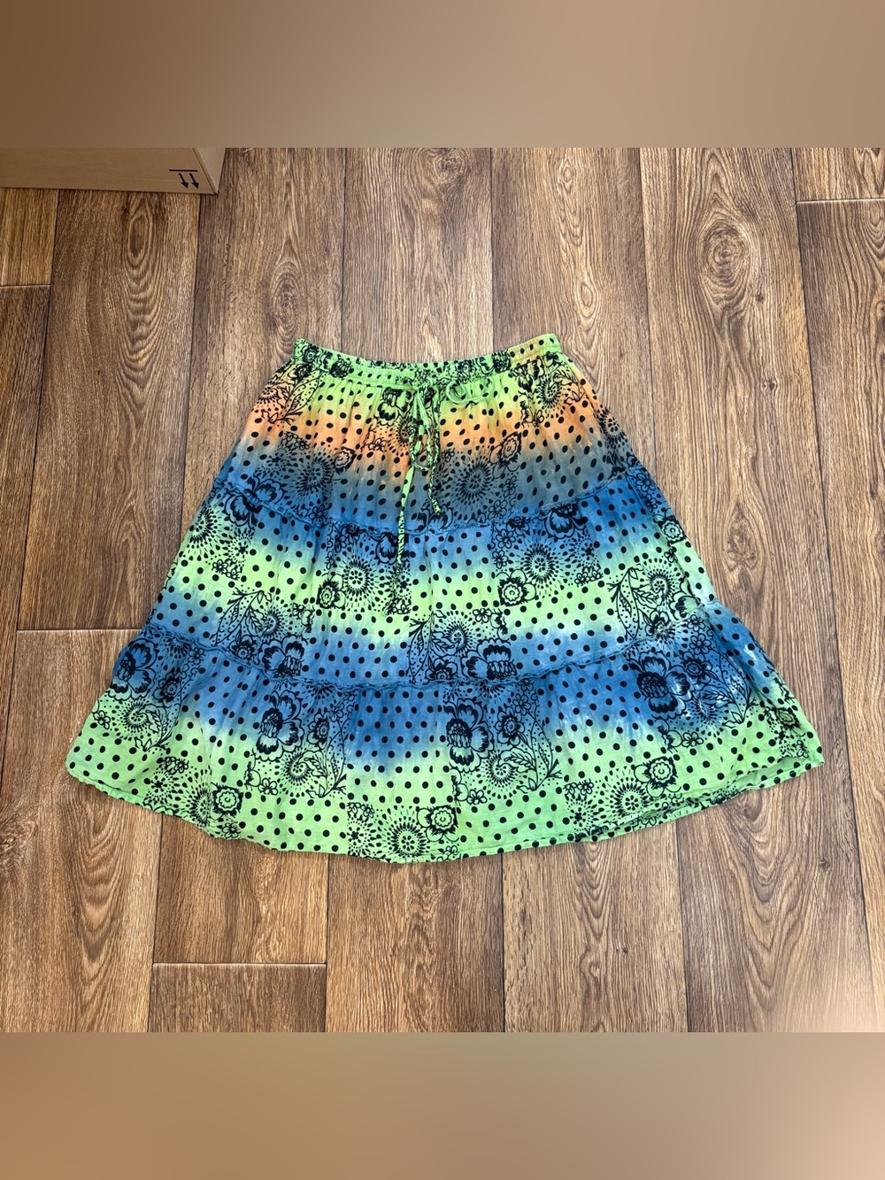 Boho Tiered Cotton Gauze A-Line Skirt XL Floral Polka Dot Cottagecore Festival